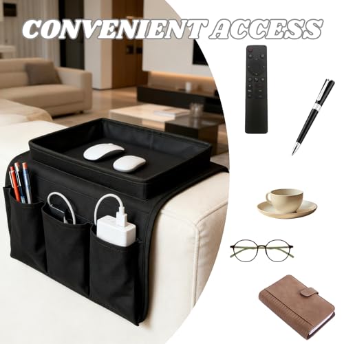 Sofa Armrest Organizer with Cup Holder,No-Slip,1 Large Pockets and 3 Small Pockets,Storage Pockets Bag for TV Remote,Cellphone,Drinks,Pen,Magazine,Snacks