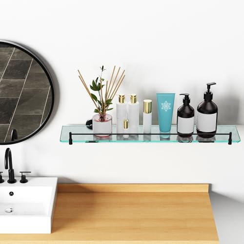 24 Inch Glass Bathroom Shelves,Matte Black Floating Shelves for Wall Rectangular Modern Stainless Steel Glass Shelf for Bathroom Shelves Wall Mounted - color: Matte Black, size: 24"with railing