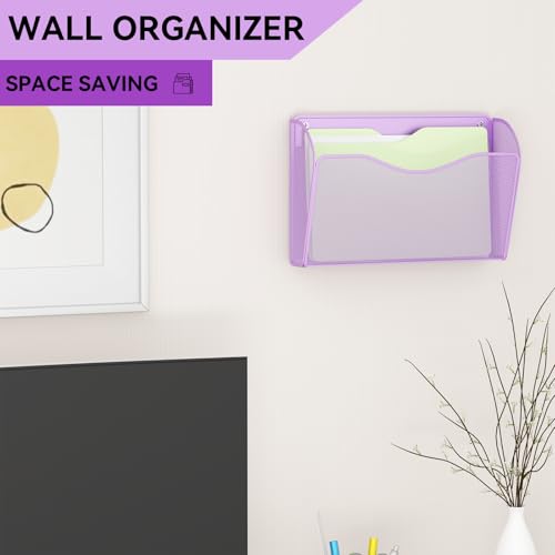 3 Single Pocket Wall File Holder, Mesh Hanging File Folder Paper Organizer, Vertical Wall Mounted Mail Basket, Storage Organization Magazine Rack for Office, Home and School, Light Purple - color: Light Purple, size: 3 Pack Wall Mounted