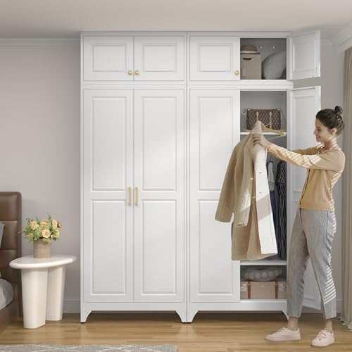 UNICOLY 86.6" Amoire Wardrobe Closet, 71" Wardrobe Cabinet with 15.74" Cabinet, Metal Closets with Hanging Rod for Bedroom School, Employee, Gym, Armarios De Ropa para Domitorio, White - color: White, size: 86.6 Inch Square-J with 0 Drawers