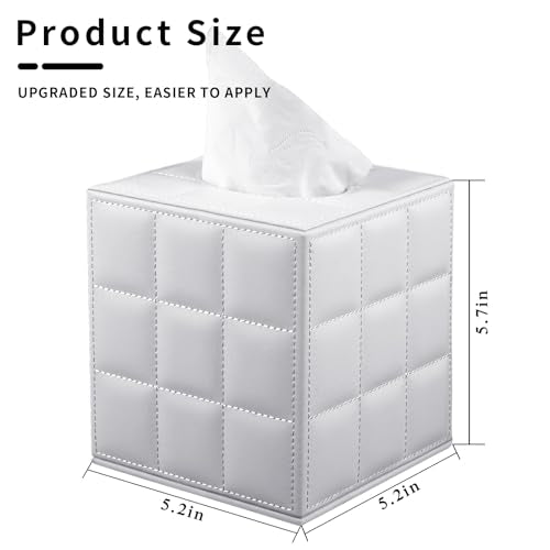 Tissue Box Cover Square Tissue Box Holder PU Leather Facial Organizer with Magnetic Bottom,Decorative Napkin Caddy for Vanity Dresser Night Stand Table Countertop Home Office Car,White - color: Square Tissue Box-white Grid