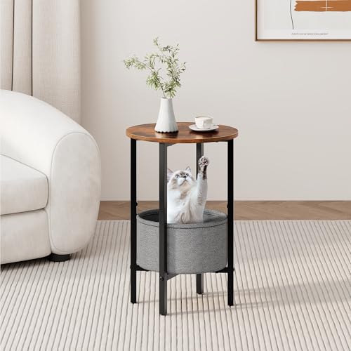 Vagusicc Round Side Table End Table with Storage Basket, Small Side Table Round Nightstand for Small Spaces, Tall Oval End Table with Steel Frame, Coffee Bedside Table for Living Room, Rustic Brown - color: Rustic Brown