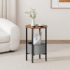 Vagusicc Round Side Table End Table with Storage Basket, Small Side Table Round Nightstand for Small Spaces, Tall Oval End Table with Steel Frame, Coffee Bedside Table for Living Room, Rustic Brown - color: Rustic Brown