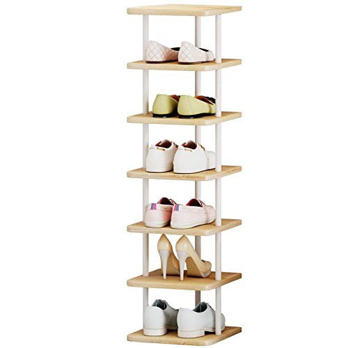 AZERPIAN Shoe Rack 7 Tier Vertical Storage Organizer Narrow Metal Slim Shelf Modern Free Standing Shoe Tower Saving Space for Closet Entryway Bedroom,White - color: White+sonoma Oak, size: 7 Tier