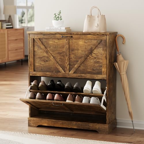 Smart FENDEE Shoe Cabinet, Shoe Storage Cabinet for Entryway with 2 Flip Drawers, Narrow Farmhouse Shoe Organizer Cabinet, Slim Shoe Rack Cabinet, 31.5 in Rustic Brown - color: Rustic Brown, size: Width - 31.5 inches