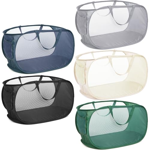 5 Pcs Durable Collapsible Laundry Baskets, Foldable Laundry Basket Large Opening, Pop Up Laundry Hamper with Pocket, Clothes Hamper with Handles for Laundry, Bathroom, Kids Room, Dorm or Trave - color: Gray+Black+Navy+Green+Beige