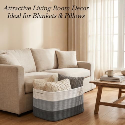 Optish 75L Large Blanket Basket, Woven Storage Baskets with Reinforced Handles, Rope Laundry Basket for Living Room, Bedroom, Nursery, Toys, Clothes,Pillows, 22” x 17” x 11.5”, White & Grey - color: White & Grey, size: 22" x 17" x 11.5"(75L)
