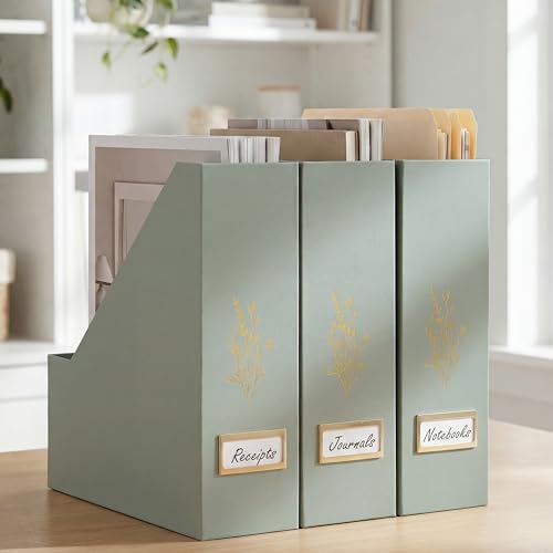 ZICOTO Beautiful Magazine Holder Set Of 3 - Sturdy File Holder to Organize Your Desk Or Shelves - The Perfect Office Storage to Effortlessly Organize Your Paperwork/Files, Magazines, Books Or Binders - color: sage green
