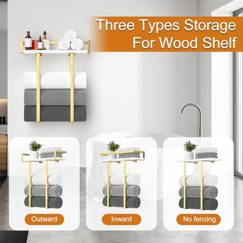 Towel Racks for Bathroom Wall Mounted, Metal Towel Holder with Wooden Shelf for Folding Large Towels, Towel Storage for Small Bathroom Organizer Decor or RV Camping,Golden - color: Golden, size: Small
