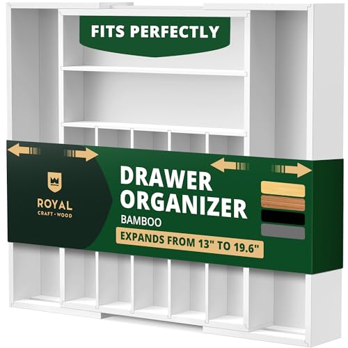 ROYAL CRAFT WOOD Luxury Bamboo Kitchen Drawer Organizer - Silverware Organizer - Utensil Holder and Cutlery Tray with Grooved Drawer Dividers for Flatware and Kitchen Utensils (9 Slot, White) - color: White, size: 9 Slot
