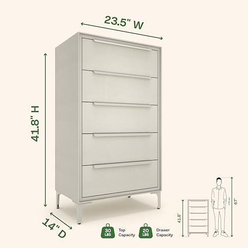 tinge Naima Premium Fabric Dresser - Strong Metal Frame, 5 Spacious Sag-Proof Drawers with Sleek Metal Handles - Premium & Durable Storage Solution for Your Home (Beige) - color: Creme Drop (Beige), size: 14"D x 23.5"W x 41.8"H (5 Drawers)