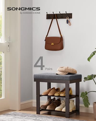 SONGMICS Bamboo Shoe Bench, 3-Tier Shoe Rack Organizer for Entryway, Living Room, Bench Seat Holds Up to 300 lb, 11.9 x 20.5 x 19.2 Inches, Rustic Walnut and Slate Gray ULBS504M01 - color: Rustic Walnut + Slate Gray, size: 20.5"W