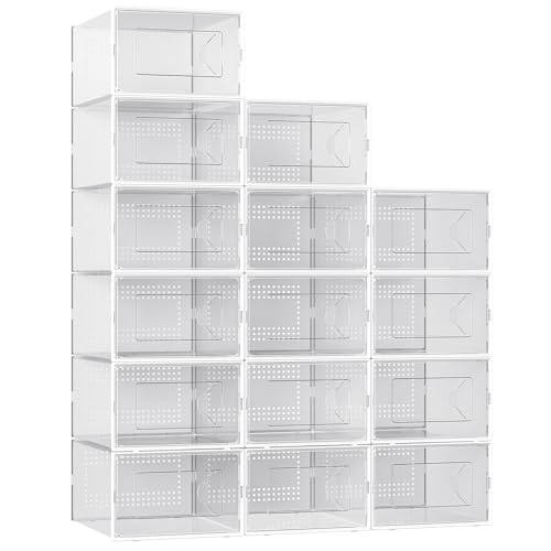 Foluck X-Large Shoe Storage Box, 15 Pack Clear Plastic Stackable Shoe Organizer for Closet, Interlocking Design Shoe Container Bins for Sneakers, Foldable Shoe Rack with Lids, White - color: White