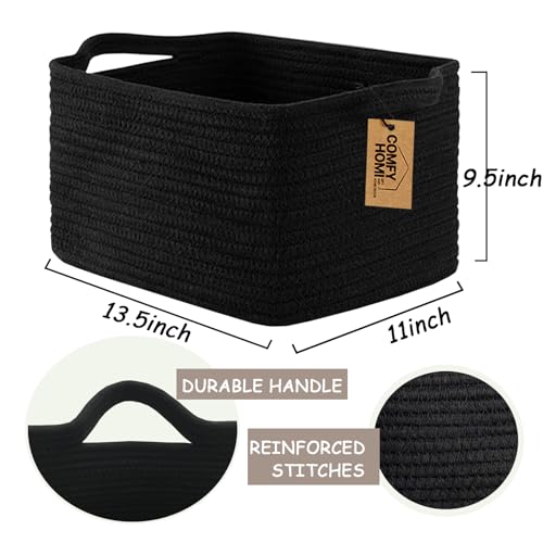 COMFY-HOMI Storage Basket for Shelves, Woven Baskets for Storage, Cotton Rope Basket,Toy Storage Organizer, Storage Cube Bin, Organization and Storage, Towel Baskets for Gift Empty, All Black - color: black, size: 13.5"X11"X9.5"