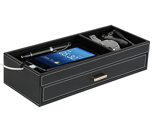 HofferRuffer Valet Jewelry Tray Organizer with Drawer, Faux Leather Storage Catchall Box Phone Charging Station Tray with Dresser Nightstand Desktop Drawer Organizer (Black) - color: Black