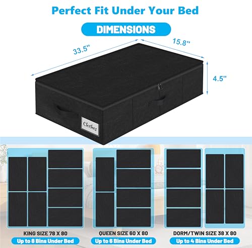 Under Bed Storage Container Bin 4 Pack, 4.5 Inch Slim Low Profile Underbed Clothes Storage Organizer for Dorm & Home, Use for Blanket and Toy Storage Box W/ Sturdy Bottom/Sides, Foldable Thick Fabric - color: Black-4 Pack, size: 4.5in-Slim