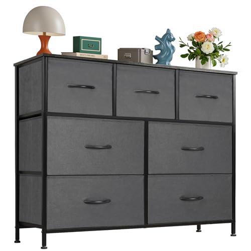 OLIXIS 7 Drawers Dresser for Bedroom, Fabric Storage Tower for Living Room, Entryway - Sturdy Steel Frame, Wooden Top & Easy Pull Fabric Bins, Closet Chests Organizer for Clothes, Classic Grey - color: Grey, size: 11.8"D x 39.4"W x 30"H (7 Drawers)