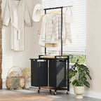 Garvee 2-Section Laundry Sorter with Shelf and Hanging Rack, Rolling Laundry Basket with Shelf and Wheels, Heavy Duty Laundry Hamper Rack for Laundry Room, Bedroom, Bathroom, Black
