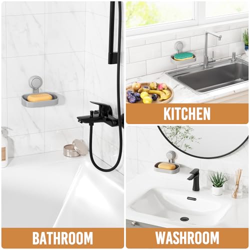 LEVERLOC Soap Dish Holder for Shower Suction Cup Wall Mounted Self Draining NO-Drilling Removable Bar Soap Sponge Holder for Bathroom Bathtub Kitchen Sink Waterproof Strong Vacuum Suction, Grey - style: 1 tier Grey