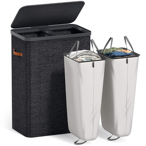 Sorbus Laundry Hamper with Lid - Collapsible 2-Compartment Fabric Laundry Basket with Handles and Removable Laundry Bag – 45 Gallon (170 L) Dirty Clothes Hamper for Bedroom, bathroom and dorm (Black) - color: Black, size: 2 Compartment