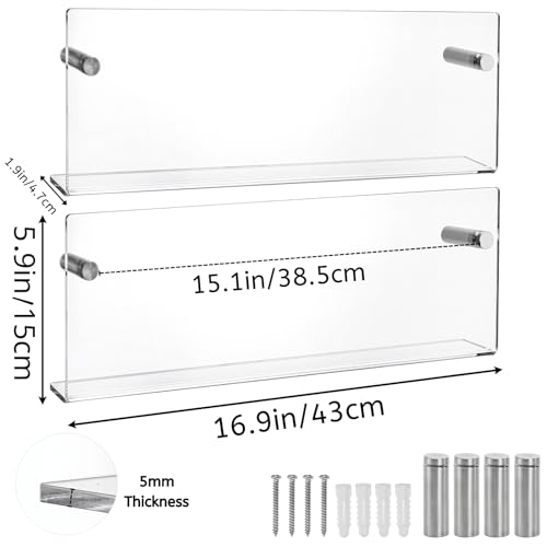 Youeon 2 Pcs Clear Acrylic Magazine Holder Wall Mount, 17 Inch Hanging Magazine Rack with Hardware, Floating Bookshelf Brochure Display Organizer for Home, Office, Reception Area