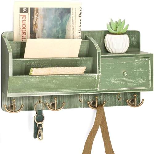 Rebee Vision Farmhouse Key Holder Wall Mount with Mail Sorter - Stylish Mail Organizer with Key Hooks and Drawer Organizer for Home Decor - Rustic Apartment Essentials for Home Improvement (Green) - color: Green