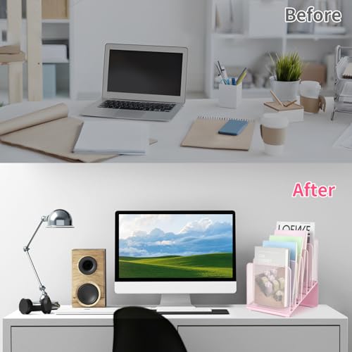 LEKETREE File Organizer for Desk, Desk Organizer with 5-Section Vertical File Rack, Folder Organizer,Workspace Organizers (Pink) - color: Pink