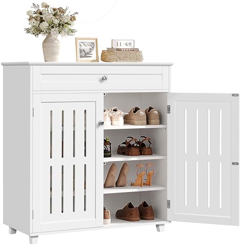 Yaheetech Shoe Cabinet, 4-Tier Shoe Storage Cabinet with Drawer & Adjustable Shelves, Shoe Organizer Cabinet with Louvered Doors for Entryway, Hallway, Closet, Living Room, White - color: White, size: 31 x 15 x 34’’