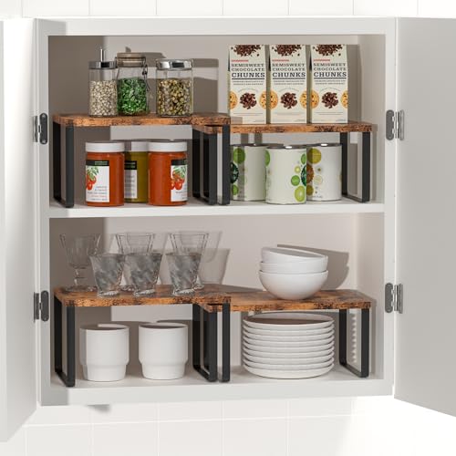 Set of 4 Counter Shelves Kitchen Stackable Cabinet Shelf Wood Organizer Expandable Counter Top Racks Brown Bathroom Counter organizer - color: Brown