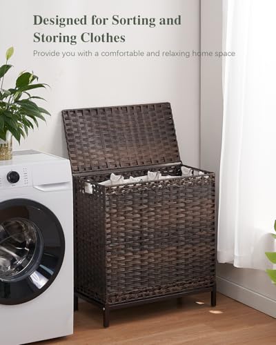 SETVSON Laundry Hamper with Lid 132 L, (35 Gallons) Clothes Hamper with Lid, Handwoven Rattan Laundry Hamper with Metal Heightened Feet, Laundry Hampers with 3 Removable Liner Bags for Laundry-Brown - color: Brown, size: 132 L - 35 gal