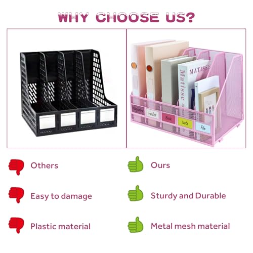 Desk Organizers, Metal Magazine File Holder with 5 Vertical Compartments Rack Binder File Organizer for Office Supplies, Home Workspace - Pink - color: Pink, size: 5 Compartments