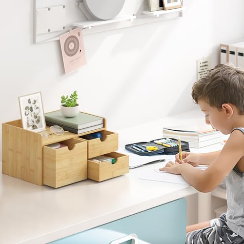 Wisuce Bamboo Desk Drawer Organizer, 3 Drawer Desktop Organizer with Drawers Tabletop Storage Organization Box for Office Home Toiletries Supplies Vanity, No Assembly Required - color: 3 Drawers with shelf-L1R2, size: Small