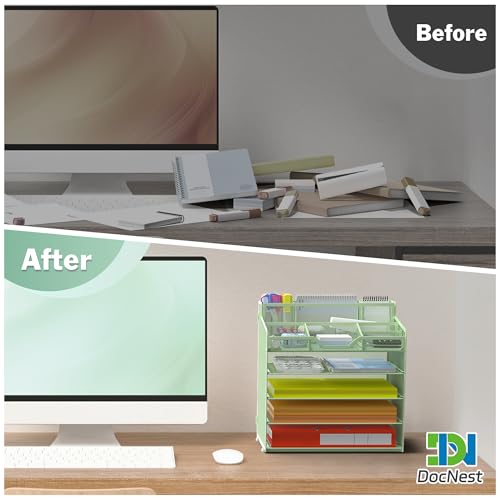 Docnest 5 Tier Mesh Desk Organizer for Paper Office Supplies – Multi-Functional Letter Tray with 5 Adjustable Compartments, 3 Pen Holders, Desktop Storage for Files, Mail, Stationery – Green - color: Green, size: 12.7" x 9.1" x 13.2"
