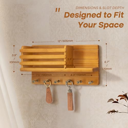 Rebee Vision Farmhouse Pine Wood Key Holder Wall Mount - Rustic Key Holder for Wall with Storage Shelf & 6 Hooks - Mail Holder for Kicthen, Living Room, Bedroom (Yellow) - color: Yellow