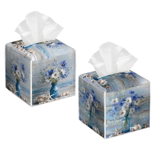 Tissue Holder - Blue White Flowers Tissue Box Cover,Beach Starfish Seashell Leather Tissue Box Cover Square, Paper Facial Decorative Tissues Cover for Bathroom Home Car Nightstand Vanity Desk, 2 Pcs - color: Blue White Flowers Beach Starfish Seashell