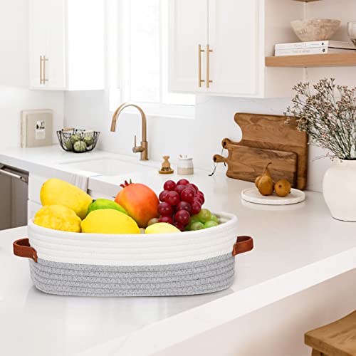 Bathroom Countertop Organizer Basket, Cotton Rope Woven Storage Basket Toilet Paper Decorative Basket for Bathroom, Bedroom, Living Room, Entryway 13"x6.3"x4.3" (Off White/Gray) - color: Off White & Gray