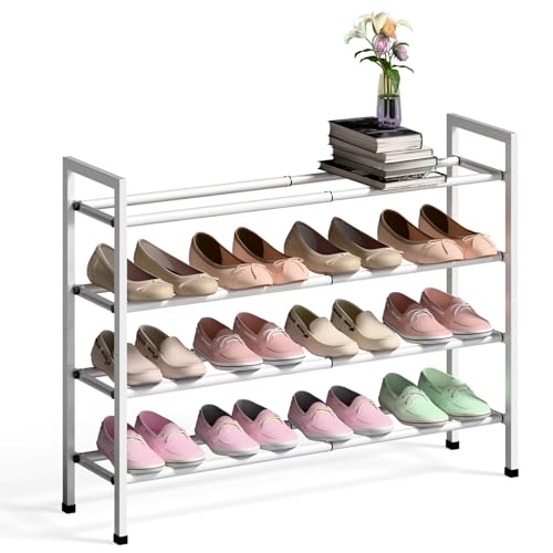Bumusty 4-Tier Expandable Shoe Rack for Closet, 18“-33” Adjustable Shoe Rack for Small Space, Small Shoe Organizer for Front Door, Sturdy Metal, White - color: White, size: 4-Tier