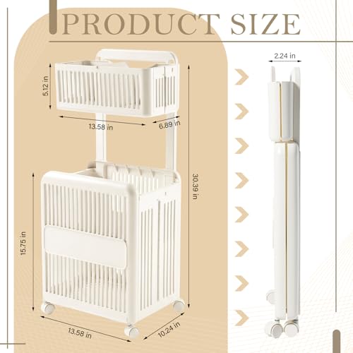 Leinuosen Foldable 2-tier Plastic Laundry Basket with Wheels and Handle 43.8 L Double Collapsible Laundry Hamper Multi-function Portable 2 Section Sorter for Bathroom Dorm Bathroom Storage