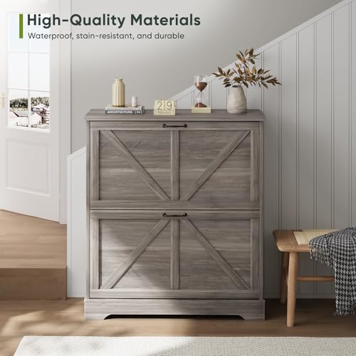 Smart FENDEE Shoe Storage Cabinet with 2 Flip Drawers, Farmhouse Narrow Shoe Cabinet Storage for Entryway, Slim Shoe Rack Cabinet with Wooden Feet, Gery - color: Grey, size: Width - 31.5 inches