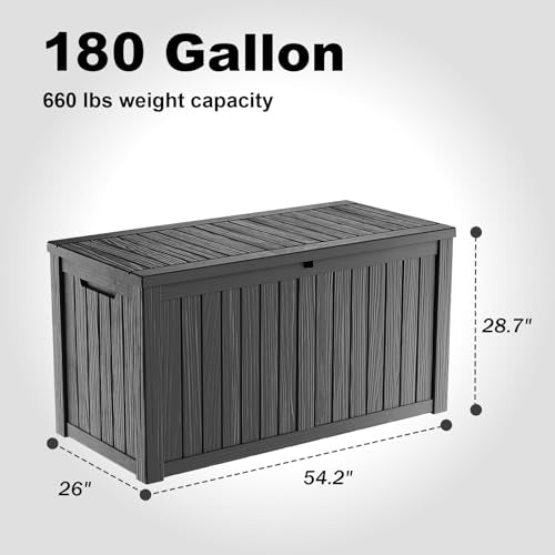 180 Gallon Waterproof Outdoor Storage Box, UV Resistant Resin Deck Box with Hydraulic Rod for Reinforced Stability, Perfect for Patio, Garden, and Pool（Black，180 Gallon） - color: Black, size: 180 Gallon