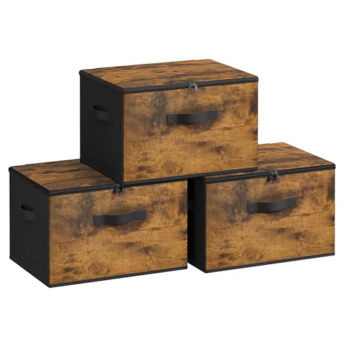 SONGMICS Foldable Storage Organizer Boxes, Set of 3 Storage Basket Bins with Lids, Handles, Clothes Organizer, 15.7 x 11.8 x 9.8 Inches, Non-Woven Fabric, Ink Black URYZ103B01 - color: Ink Black, size: 3 Pack (15.7''L x 11.8''W x 9.8''H)