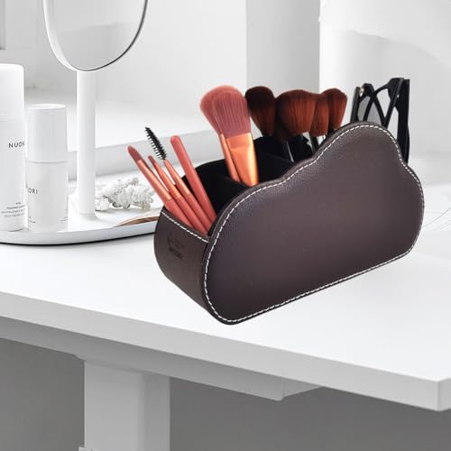 Remote Control Holder - 5 Spacious Compartments TV remote holder Caddy Leather Control Storage Tabletop Desk Organizer for Remote Controller,Office Stationery,Makeup Brush - color: Dark Brown1