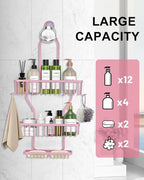 Pink Shower Caddy for Bathroom - Never Rust Hanging Shower Organizer with Soap Basket and Hooks - Large Capacity 3 Tier Aluminum Over The Showerhead Caddy - color: Pink
