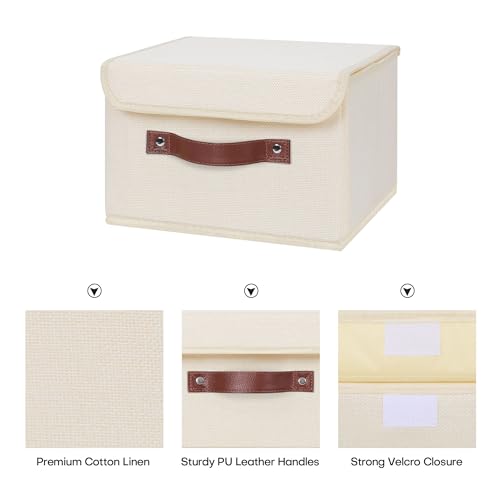 ANMINY Storage Bin with Lid Storage Boxes with PU Leather Handles PP Plastic Board Decorative Foldable Lidded Cotton Linen Fabric Home Cubes Baskets Closet Organizer Container - Beige, Small Size - color: Beige, size: Small (Pack of 1)