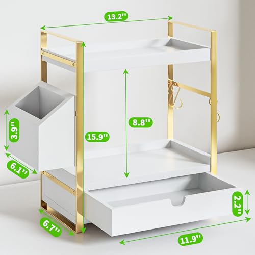 2-Tier Bathroom Counter Organizer with Drawer and Basket, Wood Countertop Organizer for Storage, Skincare Organizers for Vanity, Counter Shelf for Bathroom Organization(White-gold) - color: White-gold