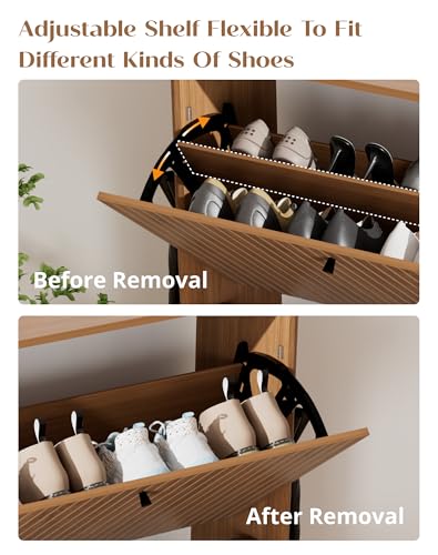 31.5" Shoe Cabinet Storage for Entryway with 2 Flip Drawers, Wood Fluted Narrow Shoe Cabinet for Hallway, Walnut - color: Fluted