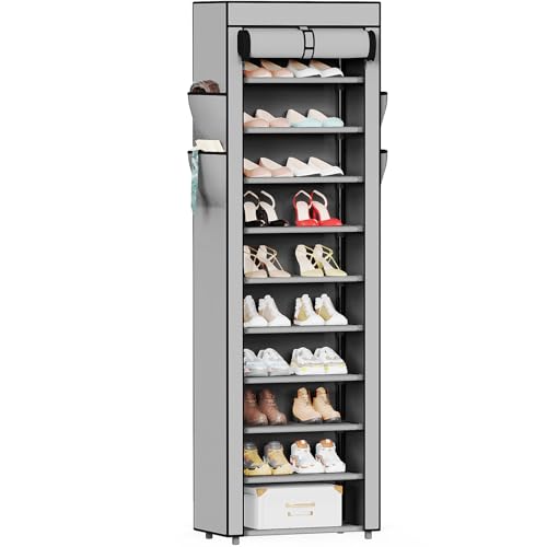 Mavivegue Shoe Rack with Cover, 10 Tier Tall Shoe Organizer for 18-22 Pairs of Shoes, Shoe Storage Organizer for Entryway, Closet, Garage, Grey, S - color: Grey