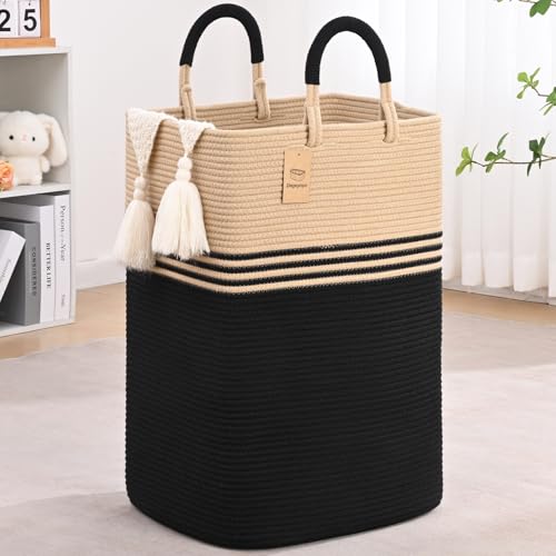 Laundry Basket Hamper,Blanket Storage,Dirty Clothes Hamper with Swivel Handles,Woven Cotton Rope Toy Baskets,Blanket Basket Living Room,Decorative Hampers for Nursery,Bedroom,Brown & Black,60L - color: Brown & Black, size: 60L