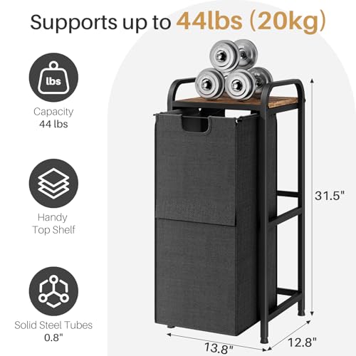 Kitstorack Laundry Hamper, Laundry Basket, Laundry Sorter with a Pull-Out and Removable Bag, Shelf, Metal Frame, 17 Gallons (62 L), Ink Black and Rustic Brown - color: Rustic Brown、Black, size: 1 Bags(15"L x 12.6"W x 27.6"H)