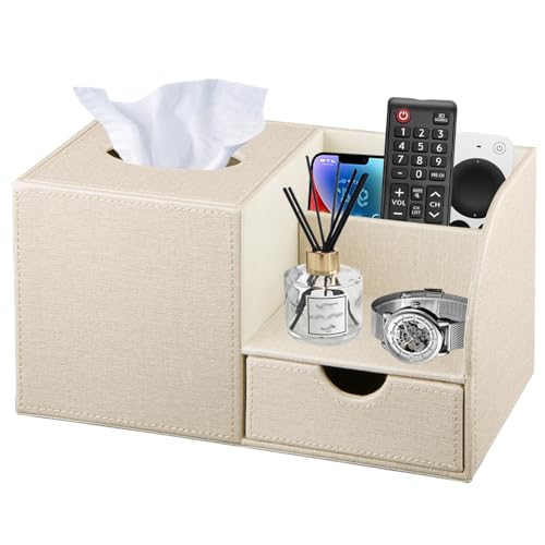 Nightstand Organizer with Tissue Holder,PU Leather Square Tissue Box Cover,Modern Facial Paper Organizer Storage Box for Remote Control,Bathroom,Vanity Countertop,End Table Home Office.Beige - color: Beige